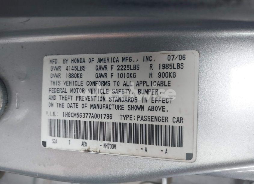 Photo 9 of 2007 Honda Accord 2.4 SE (VIN 1HGCM56377A001796)