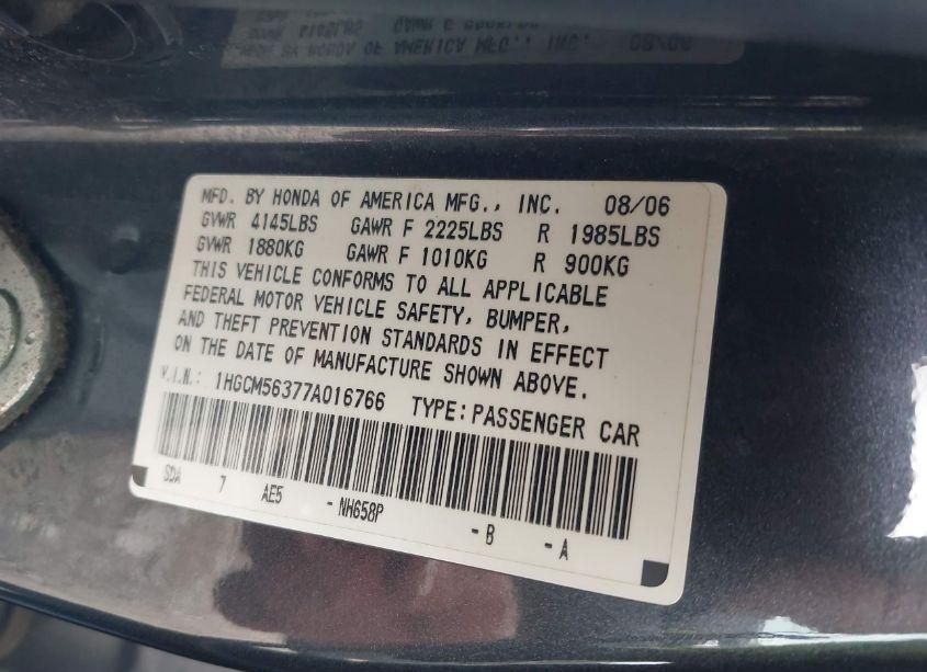 Photo 9 of 2007 Honda Accord 2.4 SE (VIN 1HGCM56377A016766)