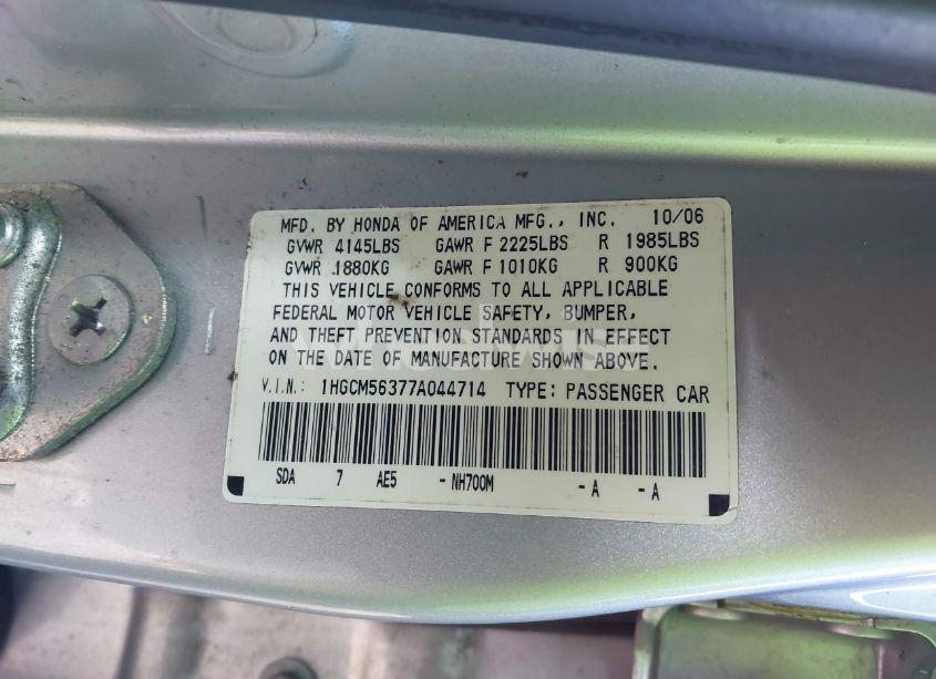 Photo 9 of 2007 Honda Accord 2.4 SE (VIN 1HGCM56377A044714)