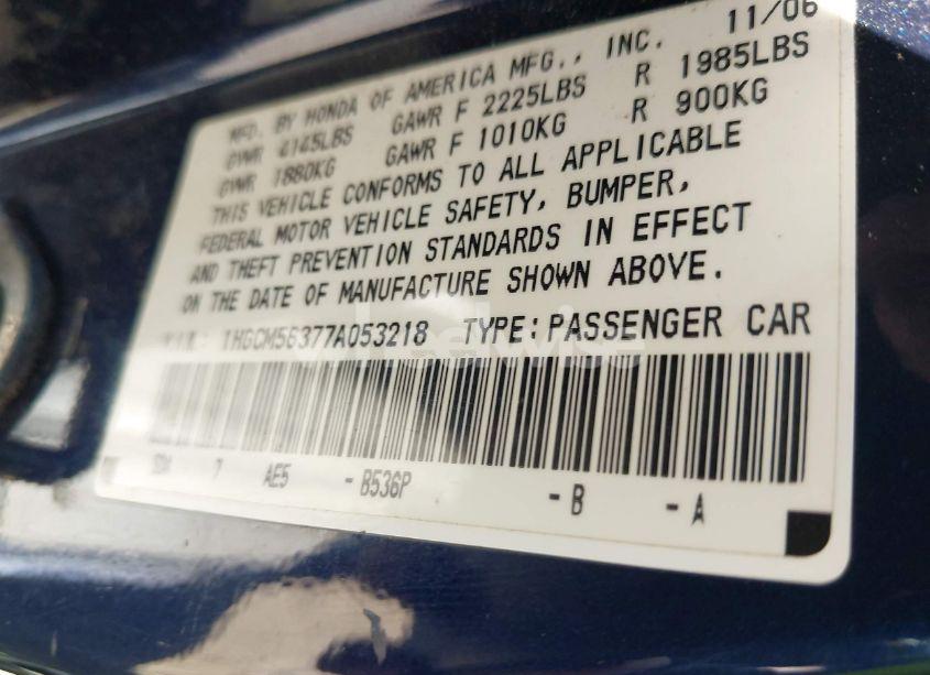 Photo 9 of 2007 Honda Accord 2.4 SE (VIN 1HGCM56377A053218)