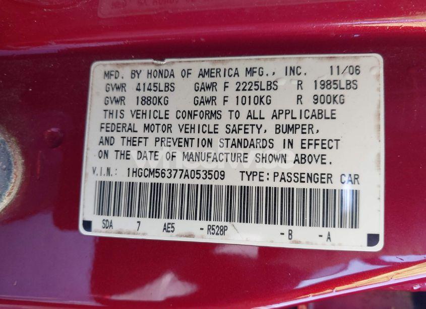 Photo 9 of 2007 Honda Accord 2.4 SE (VIN 1HGCM56377A053509)