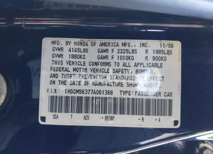 Photo 9 of 2007 Honda Accord 2.4 SE (VIN 1HGCM56377A061366)