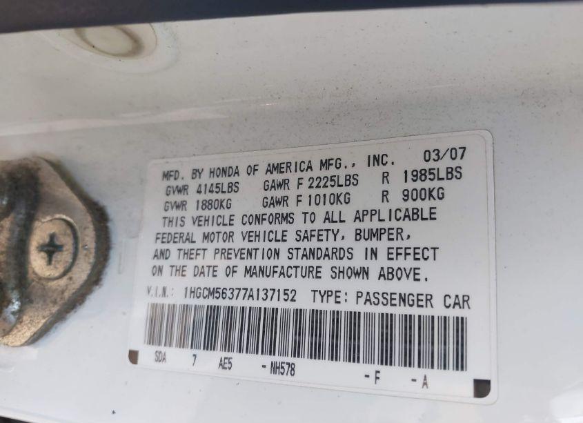 Photo 9 of 2007 Honda Accord 2.4 SE (VIN 1HGCM56377A137152)