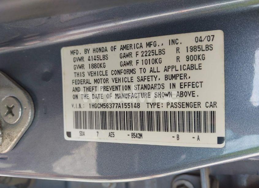 Photo 9 of 2007 Honda Accord 2.4 SE (VIN 1HGCM56377A155148)