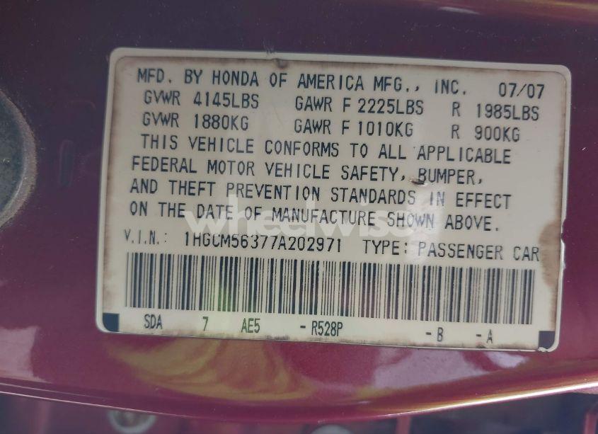 Photo 9 of 2007 Honda Accord 2.4 SE (VIN 1HGCM56377A202971)