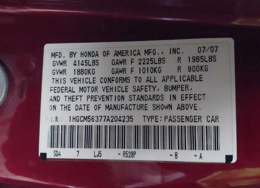 Photo 9 of 2007 Honda Accord 2.4 SE (VIN 1HGCM56377A204235)