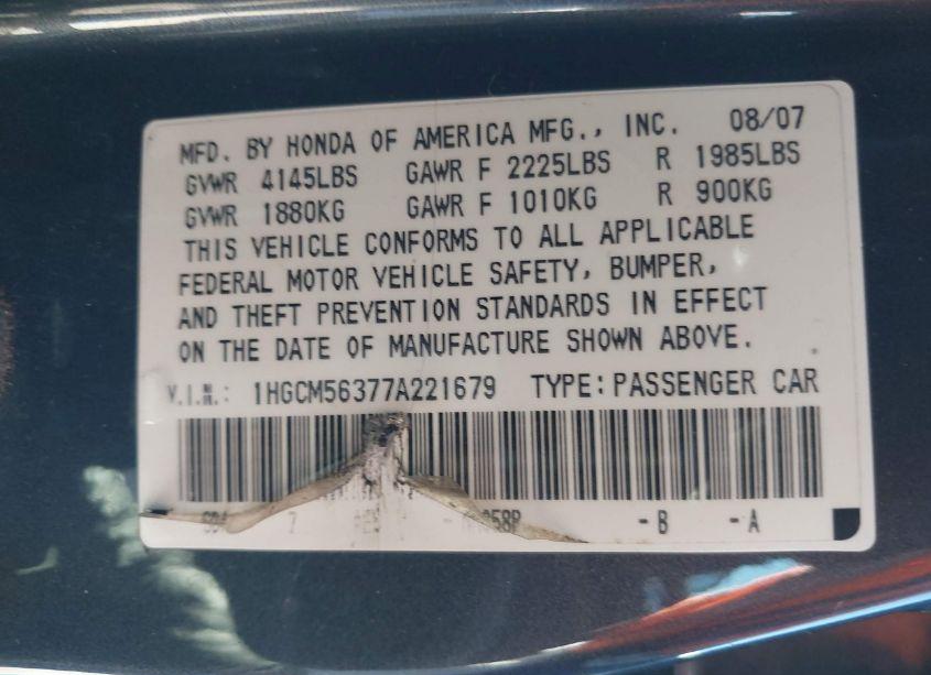 Photo 9 of 2007 Honda Accord 2.4 SE (VIN 1HGCM56377A221679)