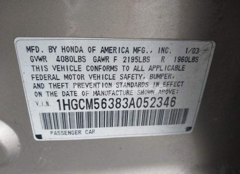 Photo 9 of 2003 Honda Accord 2.4 LX (VIN 1HGCM56383A052346)