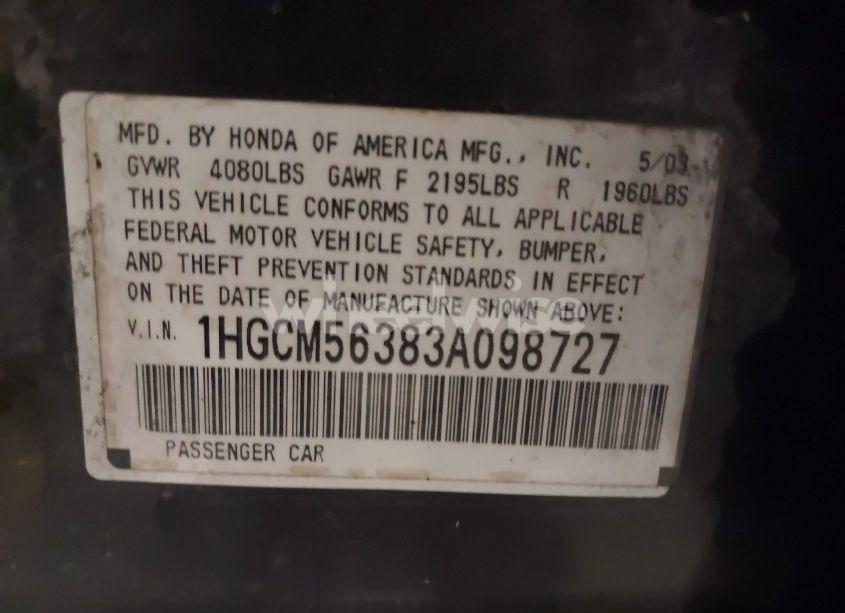 Photo 9 of 2003 Honda Accord 2.4 LX (VIN 1HGCM56383A098727)