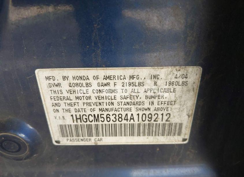 Photo 9 of 2004 Honda Accord 2.4 LX (VIN 1HGCM56384A109212)