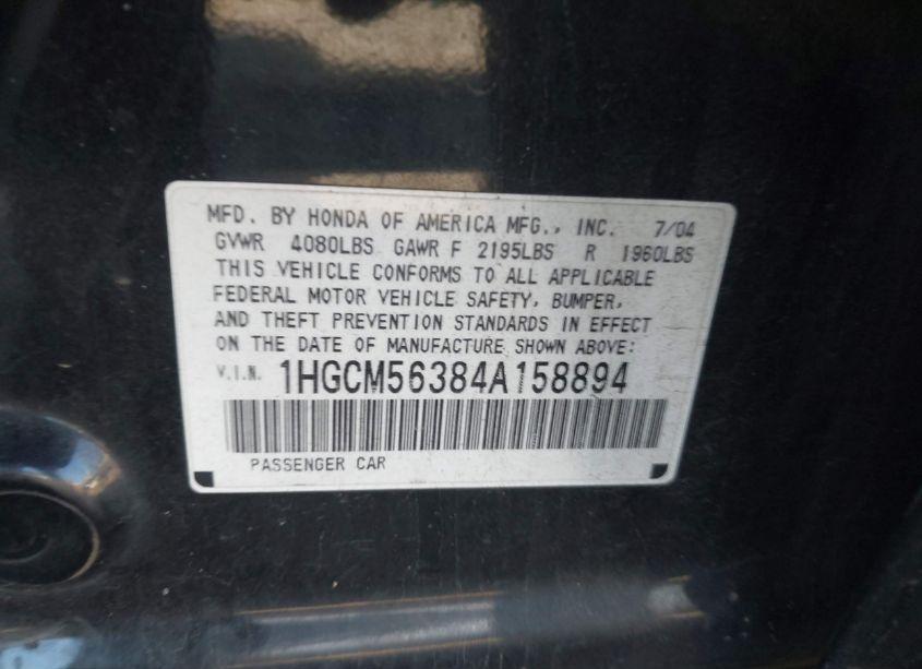 Photo 9 of 2004 Honda Accord SDN LX (VIN 1HGCM56384A158894)