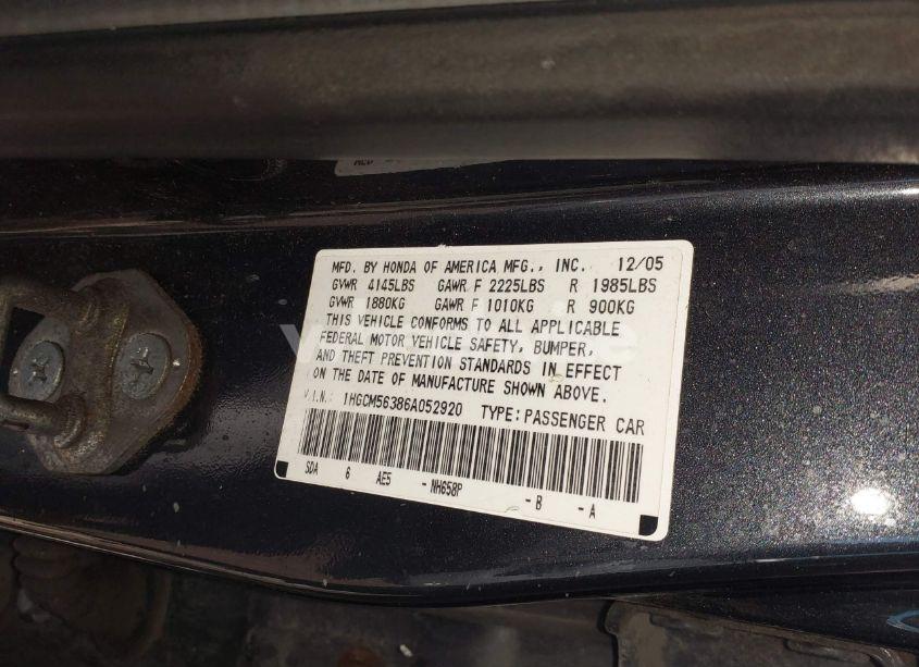 Photo 9 of 2006 Honda Accord 2.4 SE (VIN 1HGCM56386A052920)