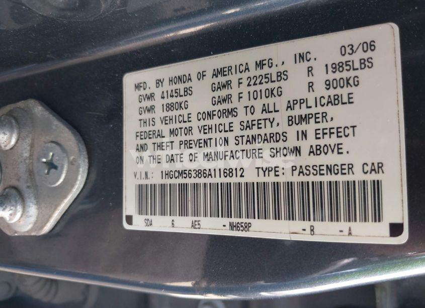 Photo 9 of 2006 Honda Accord 2.4 SE (VIN 1HGCM56386A116812)