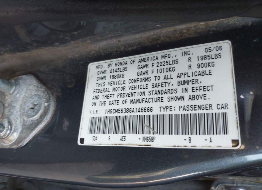 Photo 9 of 2006 Honda Accord 2.4 SE (VIN 1HGCM56386A146666)