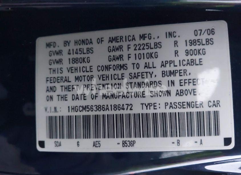 Photo 9 of 2006 Honda Accord 2.4 SE (VIN 1HGCM56386A186472)