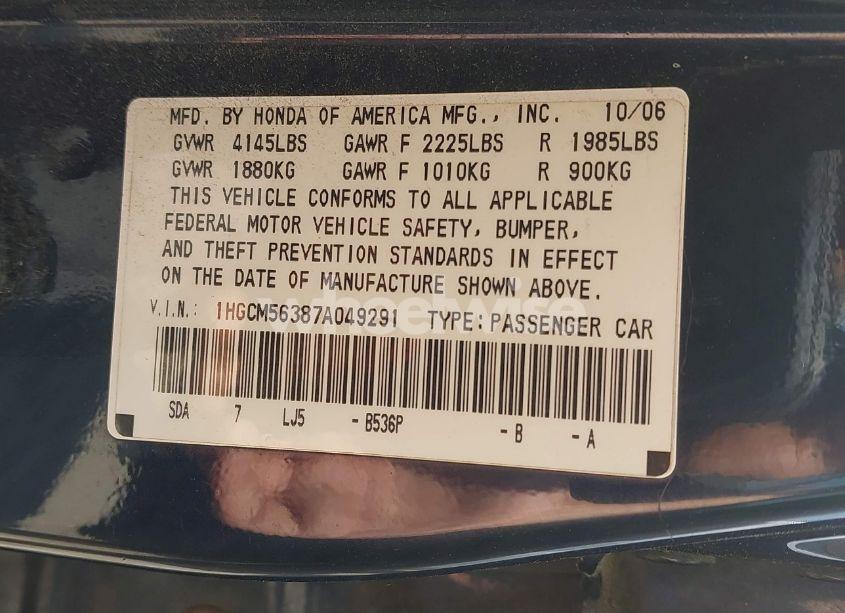 Photo 9 of 2007 Honda Accord 2.4 SE (VIN 1HGCM56387A049291)