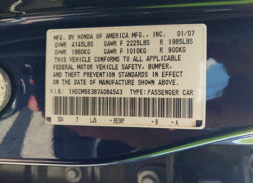 Photo 9 of 2007 Honda Accord 2.4 SE (VIN 1HGCM56387A084543)