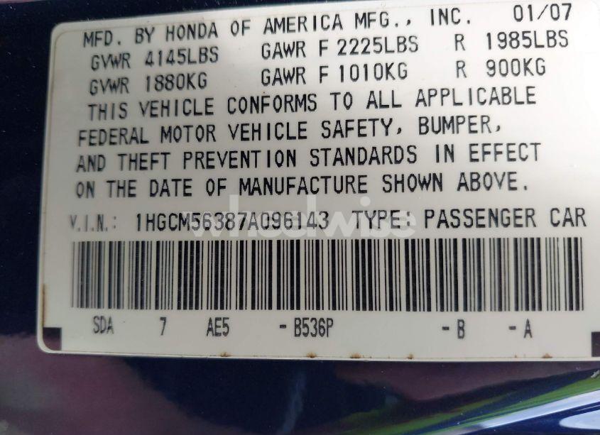 Photo 9 of 2007 Honda Accord 2.4 SE (VIN 1HGCM56387A096143)