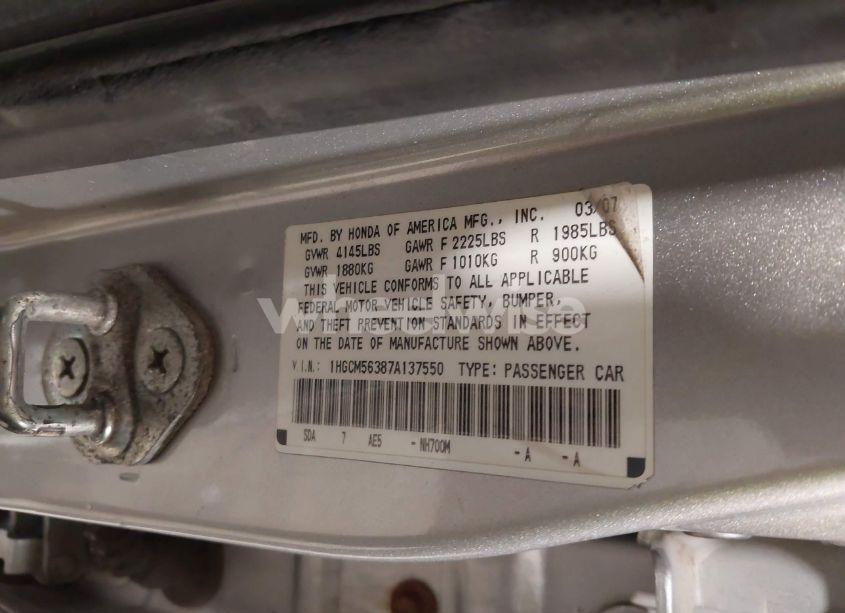 Photo 9 of 2007 Honda Accord 2.4 SE (VIN 1HGCM56387A137550)