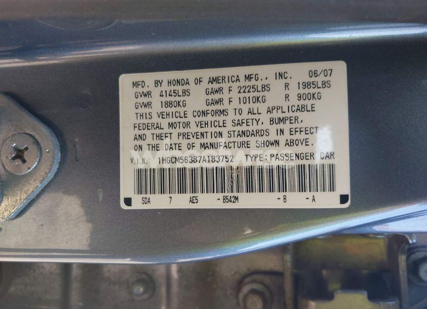 Photo 9 of 2007 Honda Accord 2.4 SE (VIN 1HGCM56387A183752)