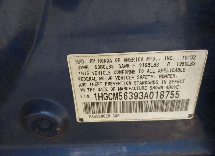 Photo 9 of 2003 Honda Accord 2.4 LX (VIN 1HGCM56393A018755)