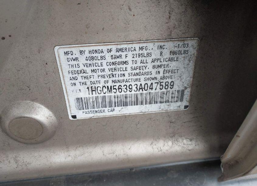 Photo 9 of 2003 Honda Accord 2.4 LX (VIN 1HGCM56393A047589)