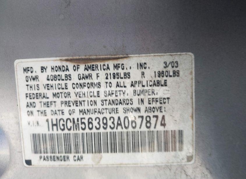 Photo 9 of 2003 Honda Accord 2.4 LX (VIN 1HGCM56393A067874)