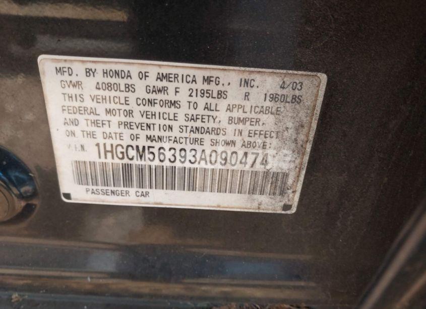 Photo 9 of 2003 Honda Accord 2.4 LX (VIN 1HGCM56393A090474)