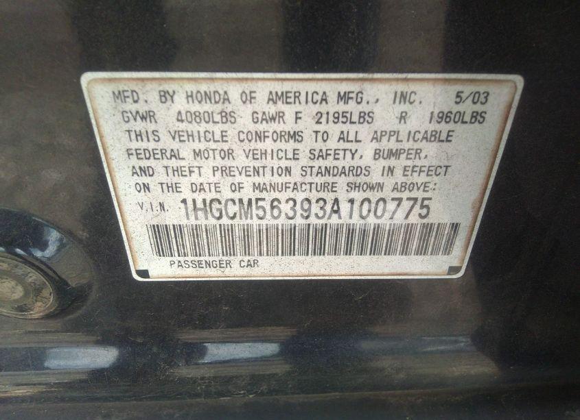 Photo 9 of 2003 Honda Accord 2.4 LX (VIN 1HGCM56393A100775)