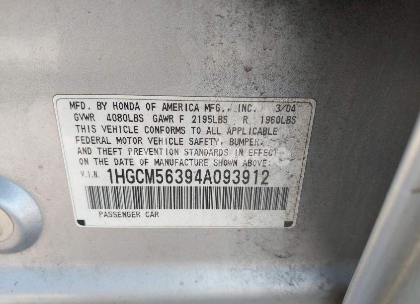 Photo 9 of 2004 Honda Accord 2.4 LX (VIN 1HGCM56394A093912)