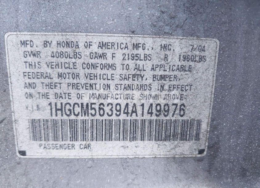 Photo 9 of 2004 Honda Accord 2.4 LX (VIN 1HGCM56394A149976)