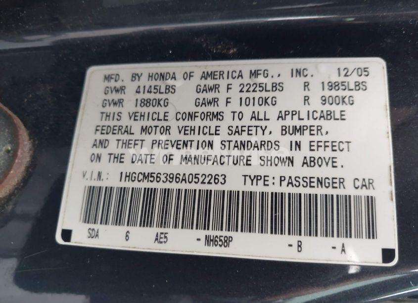 Photo 9 of 2006 Honda Accord 2.4 SE (VIN 1HGCM56396A052263)