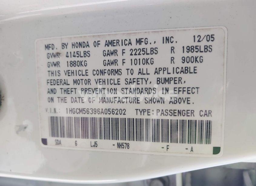 Photo 9 of 2006 Honda Accord 2.4 SE (VIN 1HGCM56396A056202)