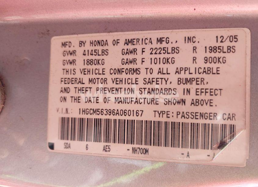 Photo 9 of 2006 Honda Accord 2.4 SE (VIN 1HGCM56396A060167)