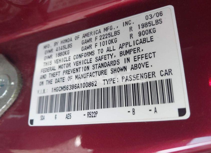 Photo 9 of 2006 Honda Accord 2.4 SE (VIN 1HGCM56396A100862)