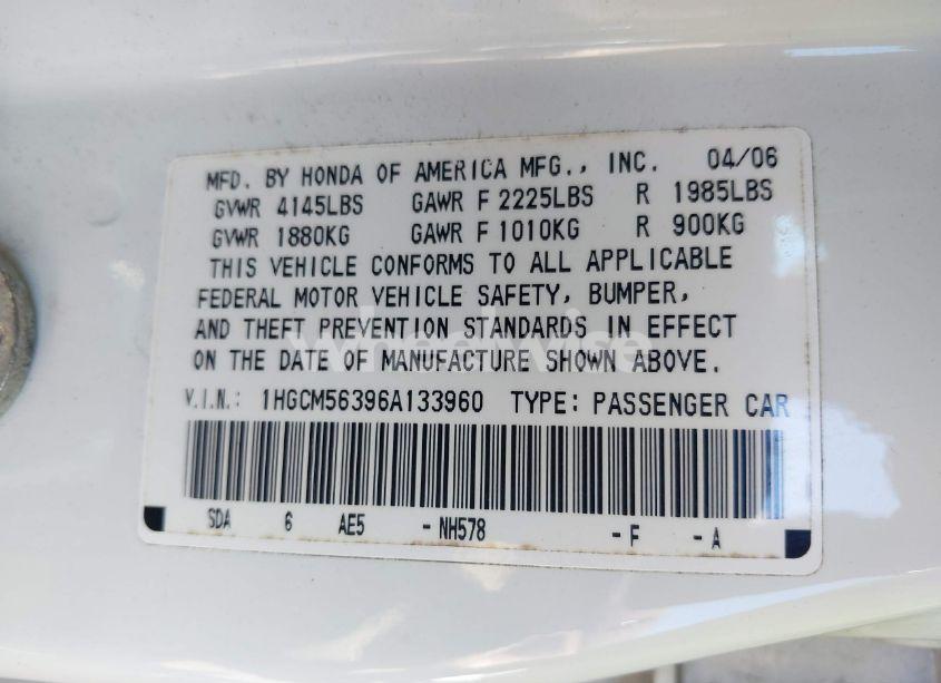 Photo 9 of 2006 Honda Accord 2.4 SE (VIN 1HGCM56396A133960)