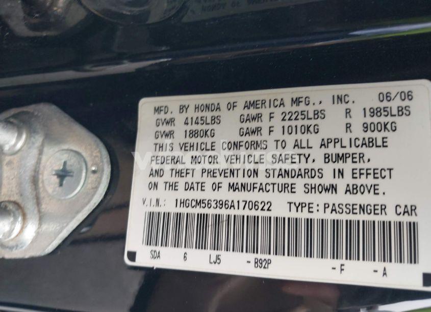 Photo 9 of 2006 Honda Accord 2.4 SE (VIN 1HGCM56396A170622)