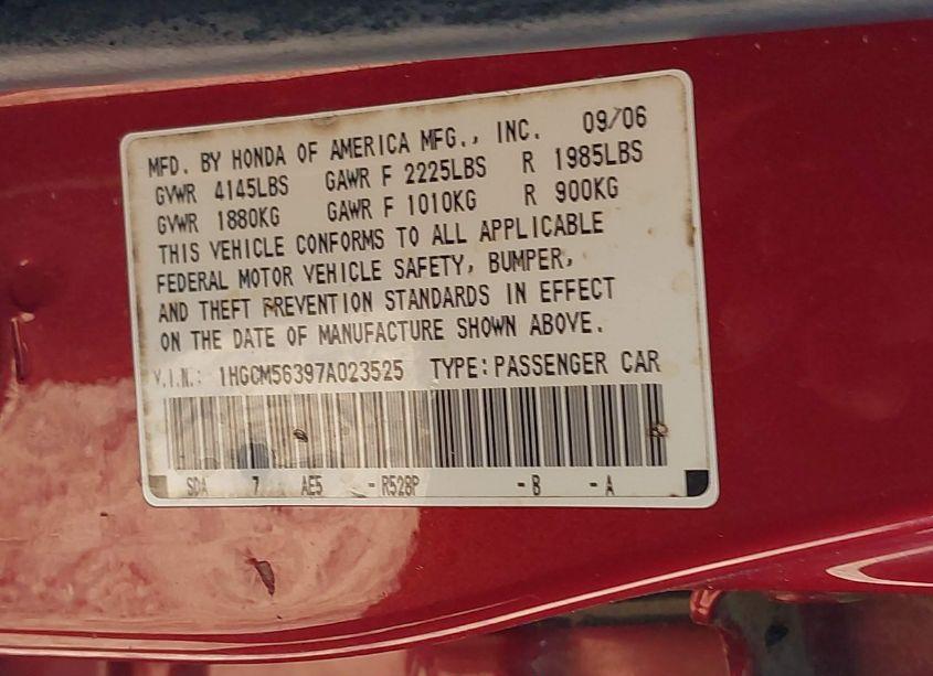 Photo 9 of 2007 Honda Accord 2.4 SE (VIN 1HGCM56397A023525)