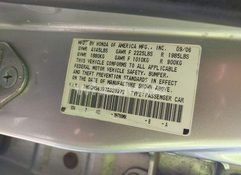 Photo 9 of 2007 Honda Accord 2.4 SE (VIN 1HGCM56397A028272)
