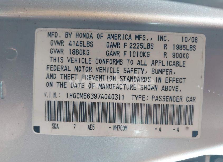 Photo 9 of 2007 Honda Accord 2.4 SE (VIN 1HGCM56397A040311)