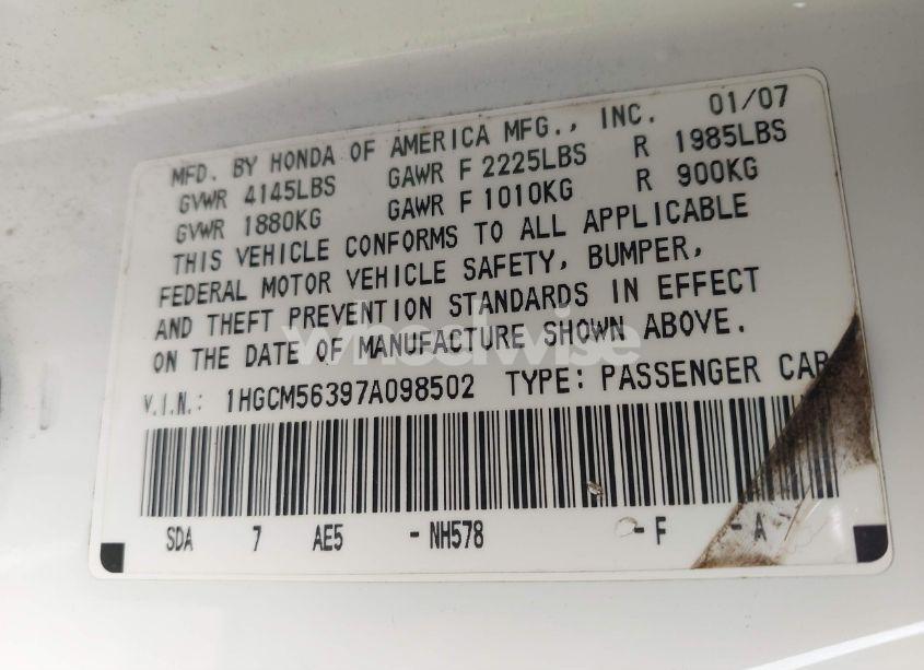 Photo 9 of 2007 Honda Accord 2.4 SE (VIN 1HGCM56397A098502)