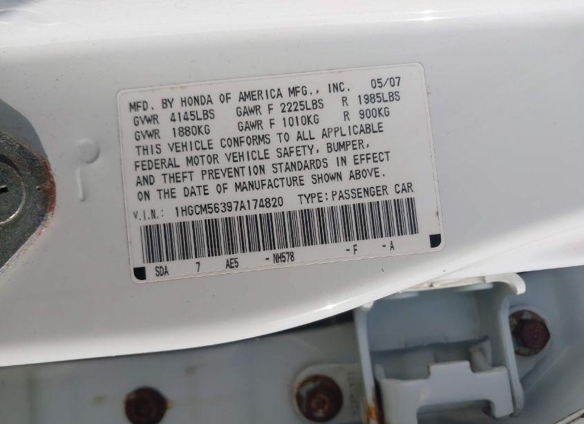 Photo 9 of 2007 Honda Accord 2.4 SE (VIN 1HGCM56397A174820)