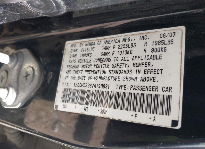 Photo 9 of 2007 Honda Accord 2.4 SE (VIN 1HGCM56397A198891)