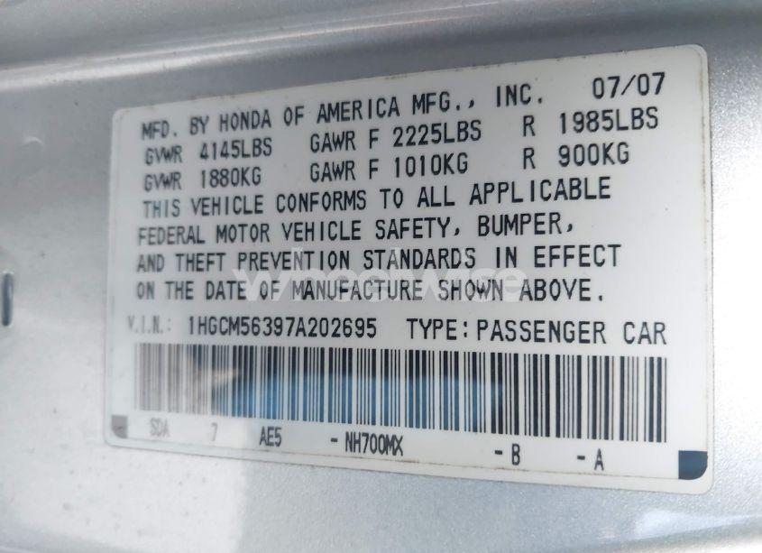 Photo 9 of 2007 Honda Accord 2.4 SE (VIN 1HGCM56397A202695)