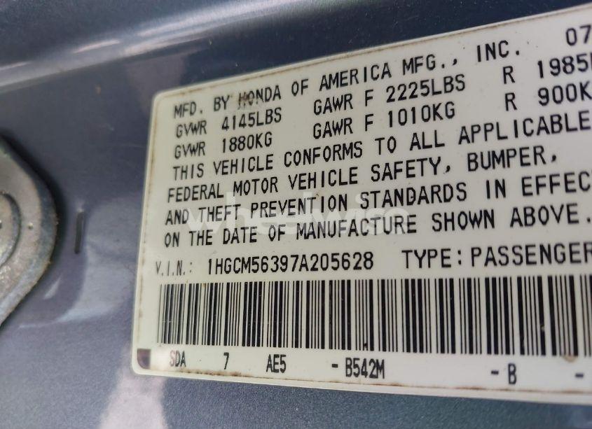 Photo 9 of 2007 Honda Accord 2.4 SE (VIN 1HGCM56397A205628)