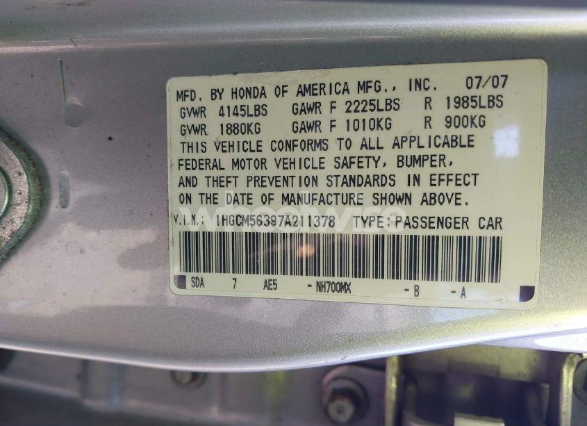 Photo 9 of 2007 Honda Accord 2.4 SE (VIN 1HGCM56397A211378)