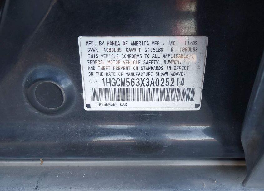 Photo 9 of 2003 Honda Accord 2.4 LX (VIN 1HGCM563X3A025214)