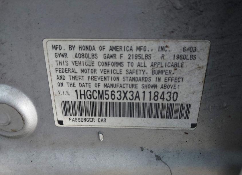 Photo 9 of 2003 Honda Accord 2.4 LX (VIN 1HGCM563X3A118430)