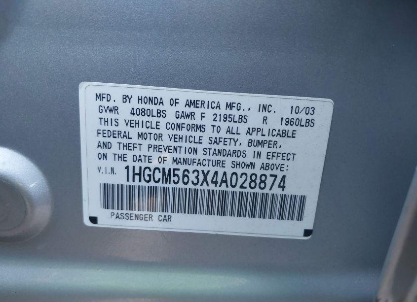 Photo 9 of 2004 Honda Accord 2.4 LX (VIN 1HGCM563X4A028874)
