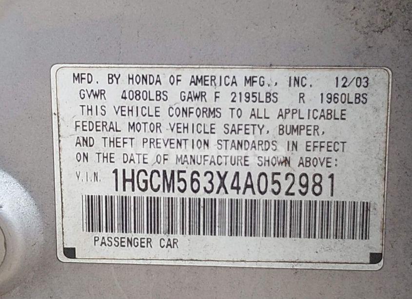Photo 9 of 2004 Honda Accord 2.4 LX (VIN 1HGCM563X4A052981)
